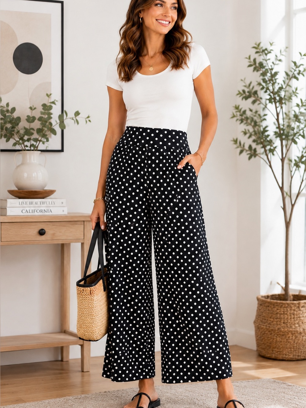 Arolina XL Black & White Polka Dot Wide Leg Palazzo Pants NWT